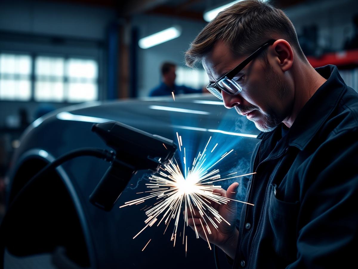 Technician using a fiber laser on a car body panel